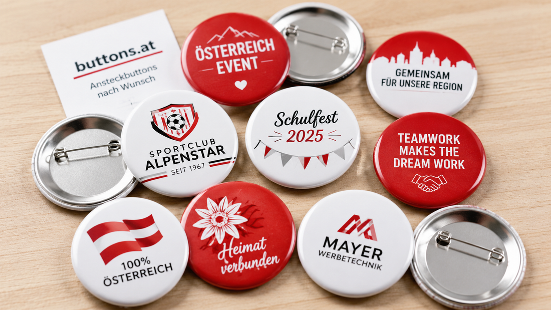 Buttons drucken lassen in Österreich: individuelle Ansteckbuttons für Firmen, Vereine, Schulen und Events gestalten und bequem online bestellen
