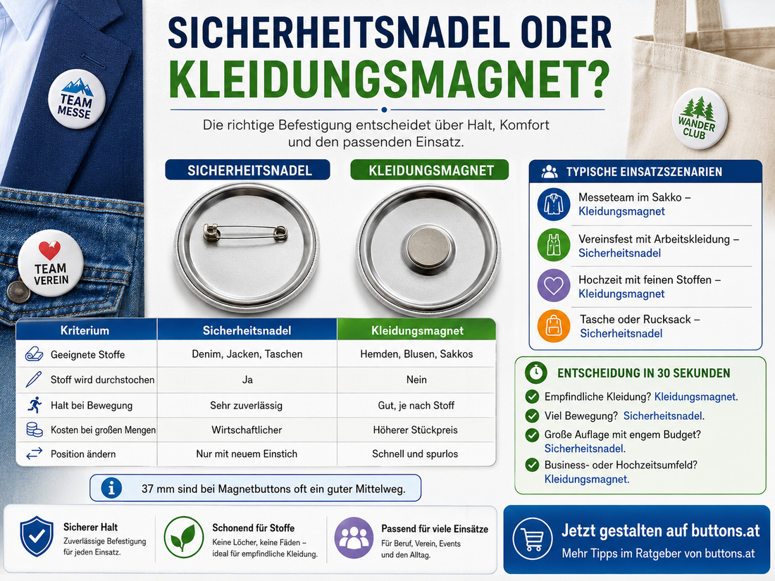 Sicherheitsnadel oder Kleidungsmagnet Buttons