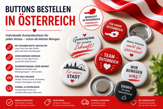 Bedruckte Ansteckbuttons mit eigenem Motiv und Sicherheitsnadel