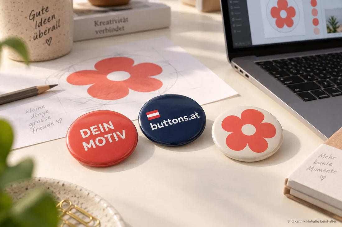 Drei abgerundete Ansteckbuttons mit Wunschmotiv, buttons.at-Schriftzug und Blumenmotiv neben einem gedruckten Entwurf und Laptop.