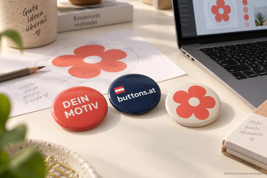 Drei abgerundete Ansteckbuttons mit Wunschmotiv, buttons.at-Schriftzug und Blumenmotiv neben einem gedruckten Entwurf und Laptop.
