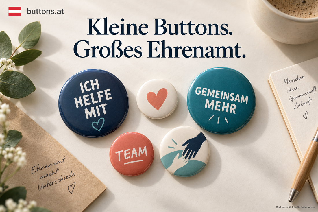 Runde Ansteckbuttons fürs Ehrenamt mit Mitmach-Botschaften und Team-Motiven in Blau, Türkis und Koralle.