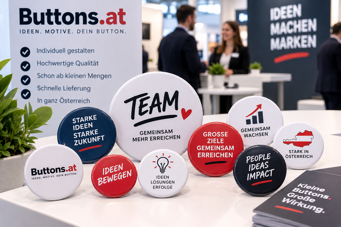 Buttons für Firmen in Österreich mit Logo für Mitarbeiter Werbung und Veranstaltungen