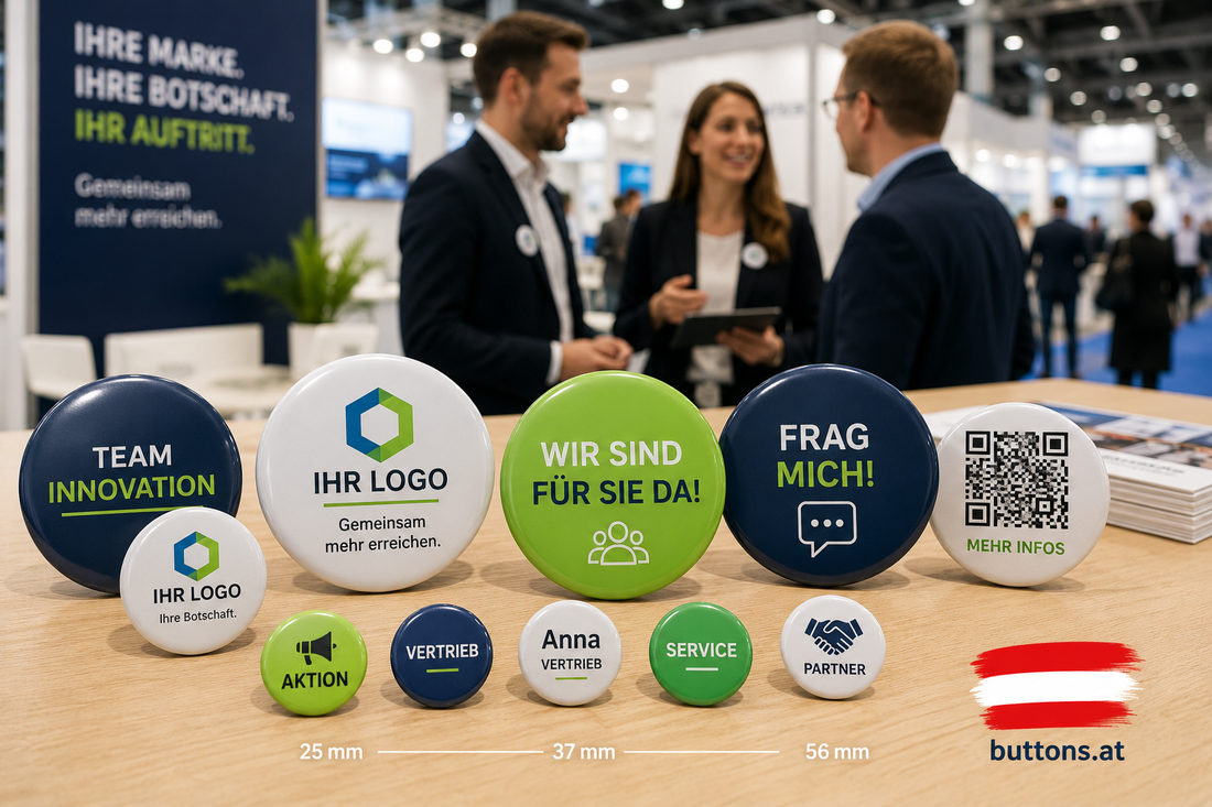Buttons für Messen mit Firmenlogo und Messepersonal in Österreich