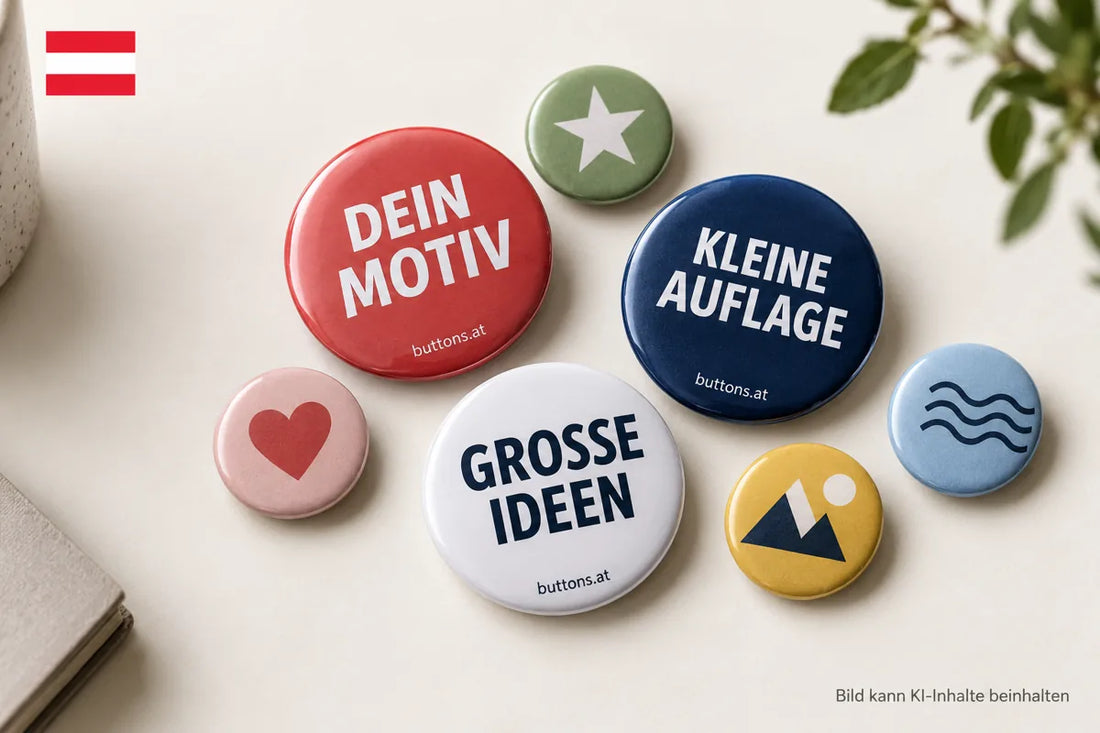 Kleine Auflage individuell gestalteter Metallbuttons mit Schriftzügen und Symbolmotiven für buttons.at