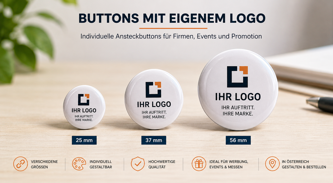 Buttons mit eigenem Logo in 25 mm, 37 mm und 56 mm für Firmen, Events und Promotion in Österreich