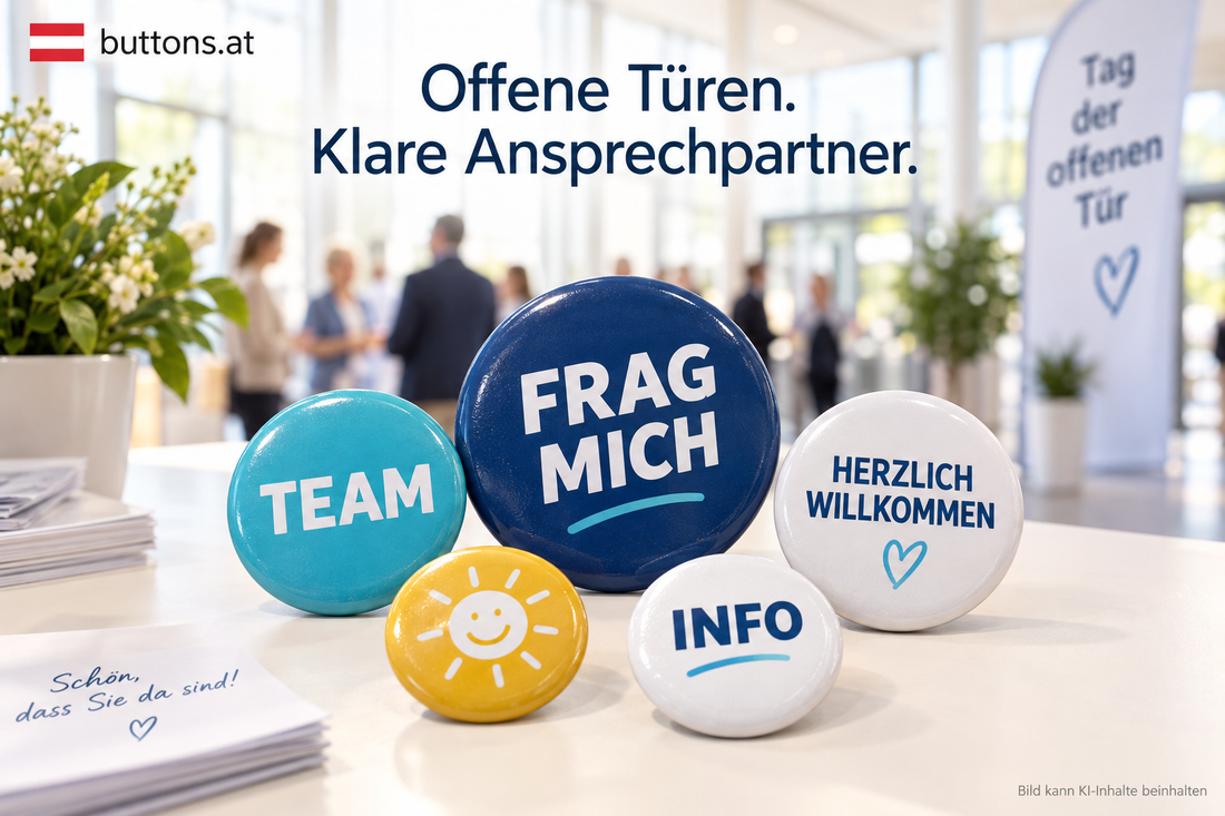Individuelle Ansteckbuttons mit Frag mich, Team, Info und Herzlich willkommen für den Tag der offenen Tür.