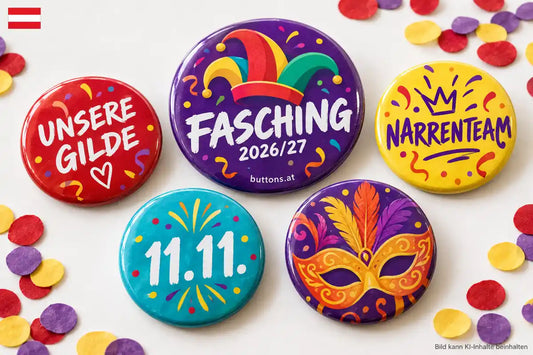 Bunte Faschingsbuttons mit Gildenmotiven, Narrenhut und Jahreszahl 2026/27 für österreichische Faschingsgruppen.