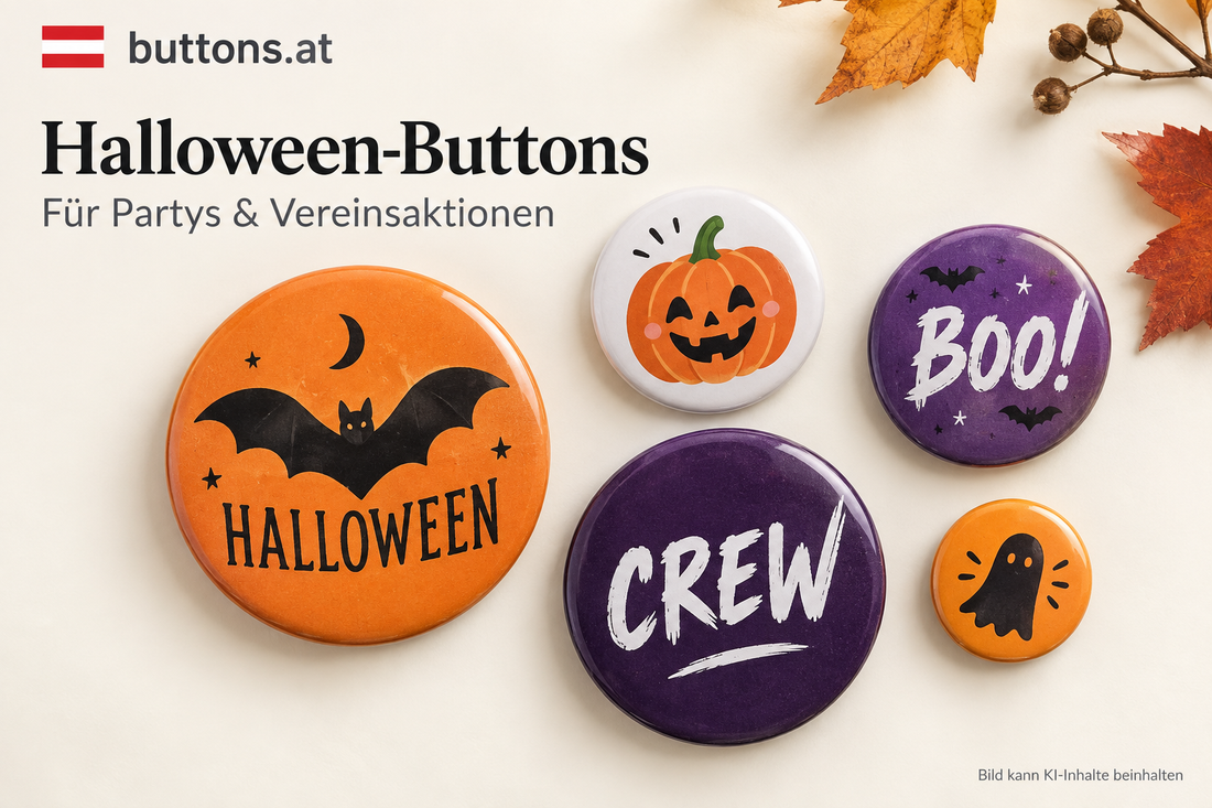Halloween-Ansteckbuttons mit Kürbis, Fledermaus und Crew-Schriftzug für Partys und Vereinsaktionen
