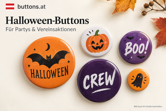 Halloween-Ansteckbuttons mit Kürbis, Fledermaus und Crew-Schriftzug für Partys und Vereinsaktionen
