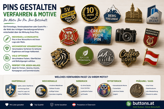 Verschiedene individuell gestaltete Metall-Pins mit Hartemaille, Weichemaille, Druck und Prägung.