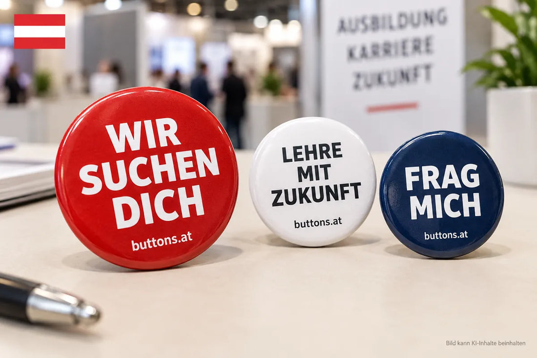 Recruiting-Buttons mit Wir suchen dich, Lehre mit Zukunft und Frag mich für Unternehmen in Österreich