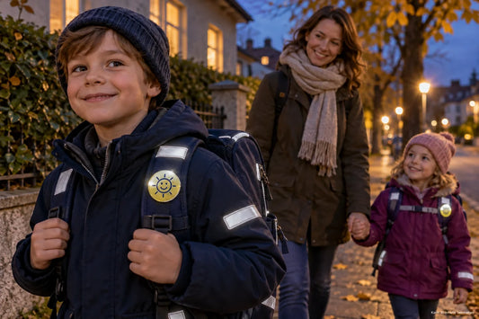 Schulkind und Kindergartenkind mit Reflektor-Buttons am Rucksack in der Dämmerung
