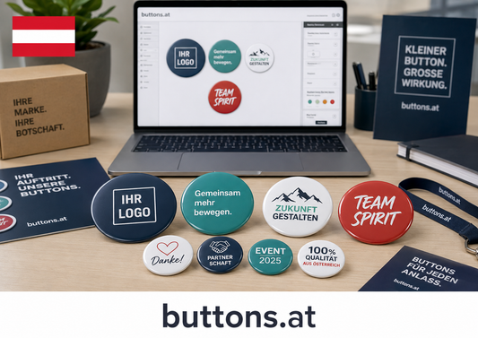 Individuelle Werbebuttons in Österreich mit Firmenlogo für Messen, Events und Promotionaktionen