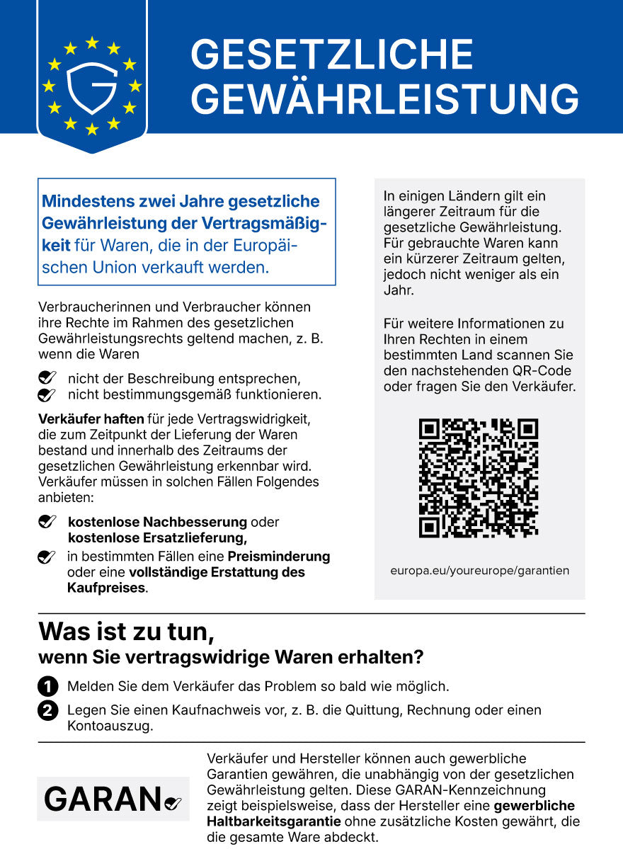 EU-Hinweis zur gesetzlichen Gewährleistung: mindestens zwei Jahre Gewährleistung und Rechte bei mangelhaften Waren.
